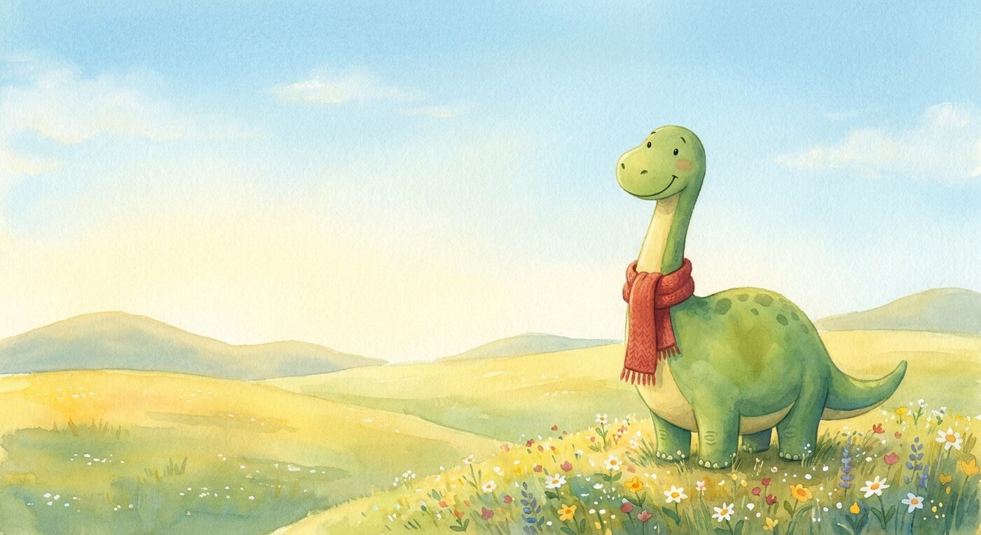 The dinosaur redrawn as a watercolour storybook illustration in a sunny meadow