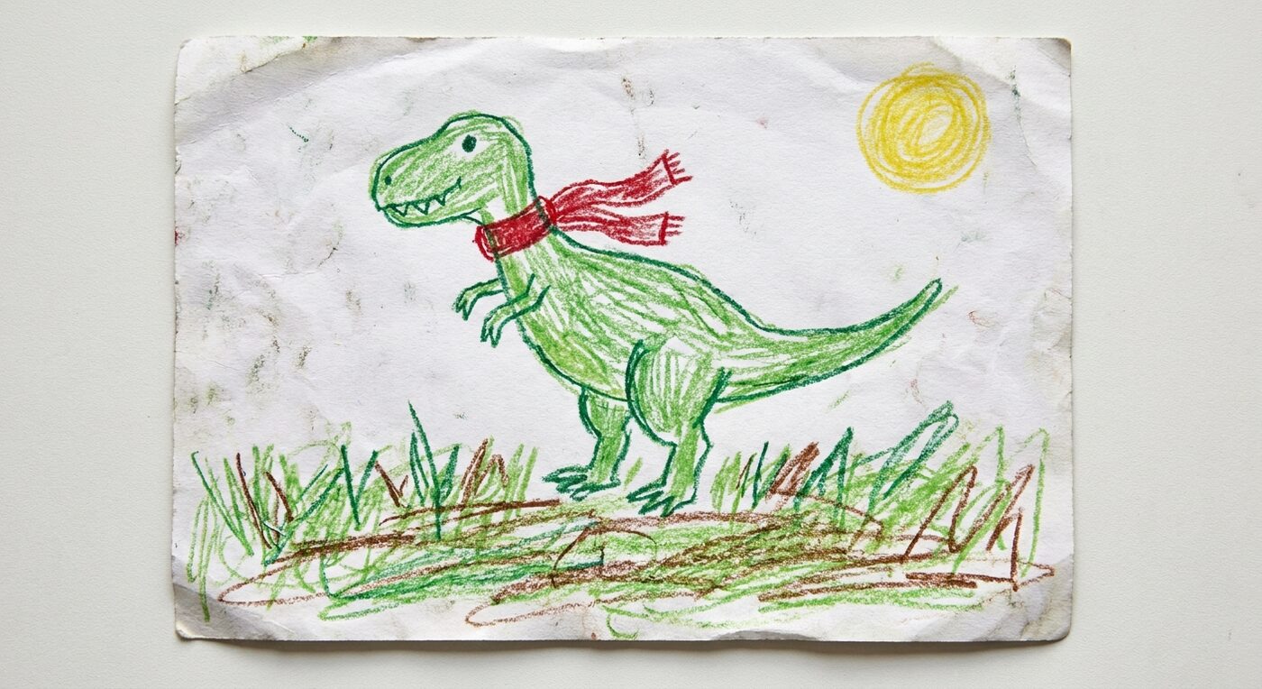 A child's crayon drawing of a green dinosaur wearing a red scarf
