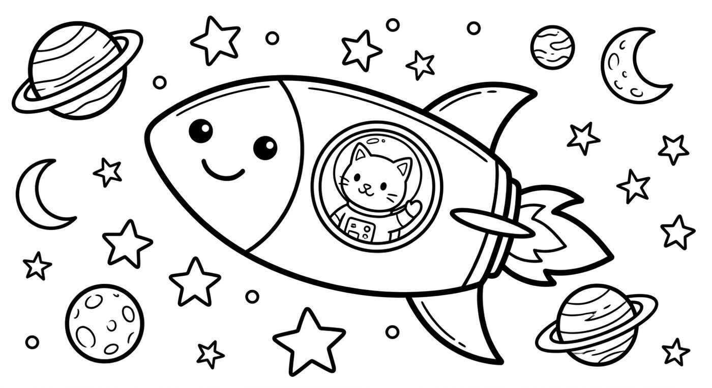 Printable coloring page: a smiling rocket ship with an astronaut cat, planets and stars in black outline
